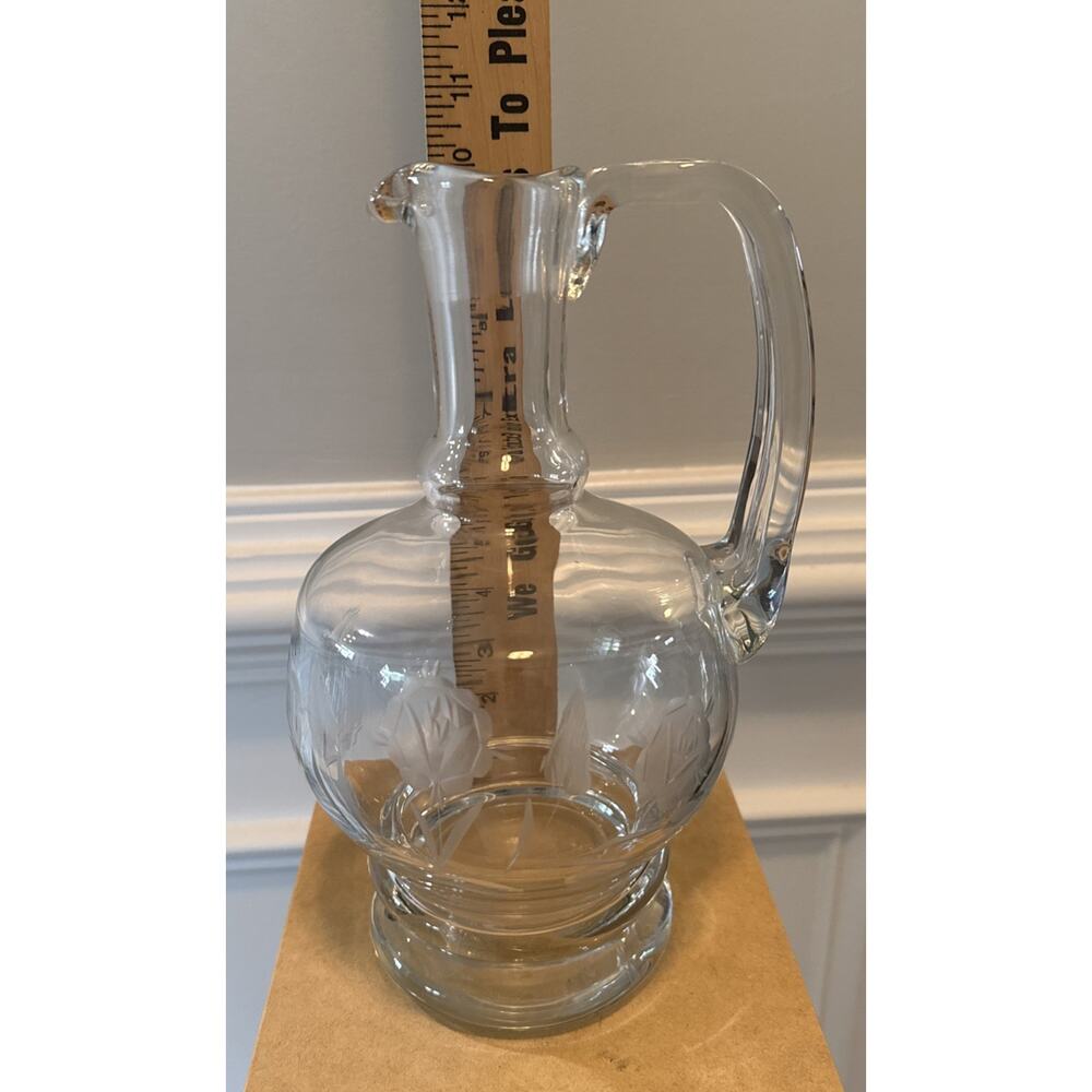 Vintage Etched Glass Wine Decanter Pitcher Footed Floral Applied Handle - Picture 5 of 5